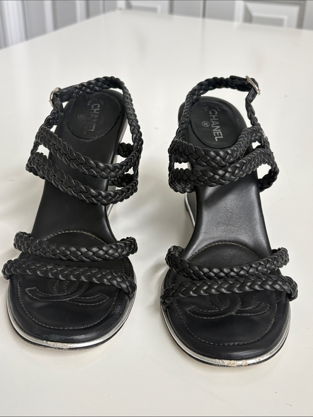 CHANEL Braided Leather Ankle-Strap Wedge Sandals - Spring 2015